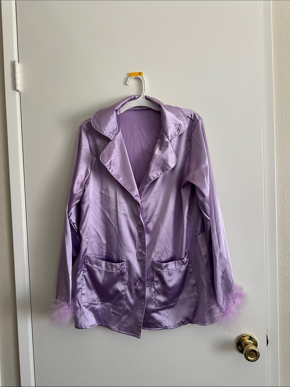 Lavender Satin Button-Up Jacket with Feather Cuffs
